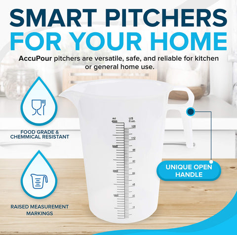 ACCUPOUR measuring pitcher ergonomic open handle provides comfortable grip for precise pouring.