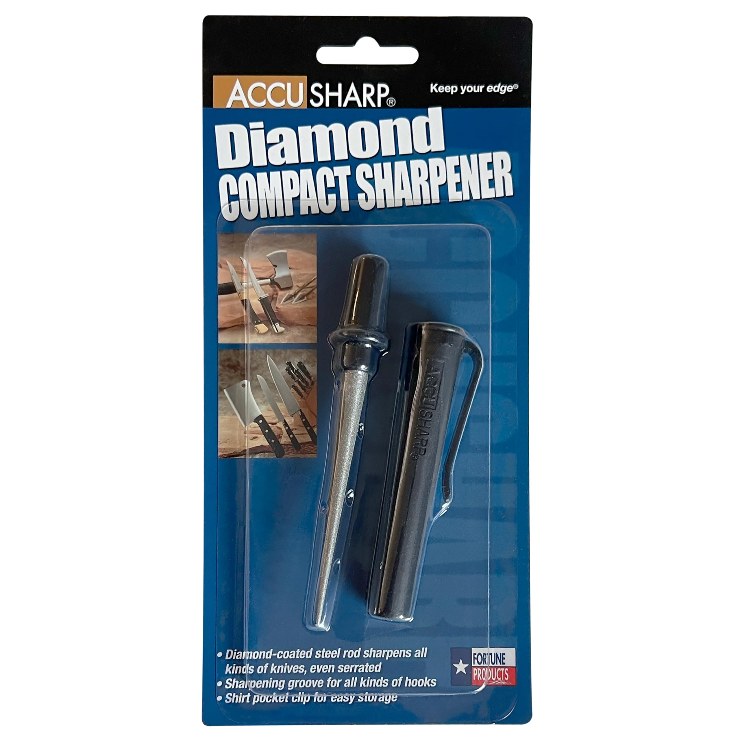 ACCUSHARP Diamond Compact Rod Sharpener in hand for field sharpening of knives and hooks.