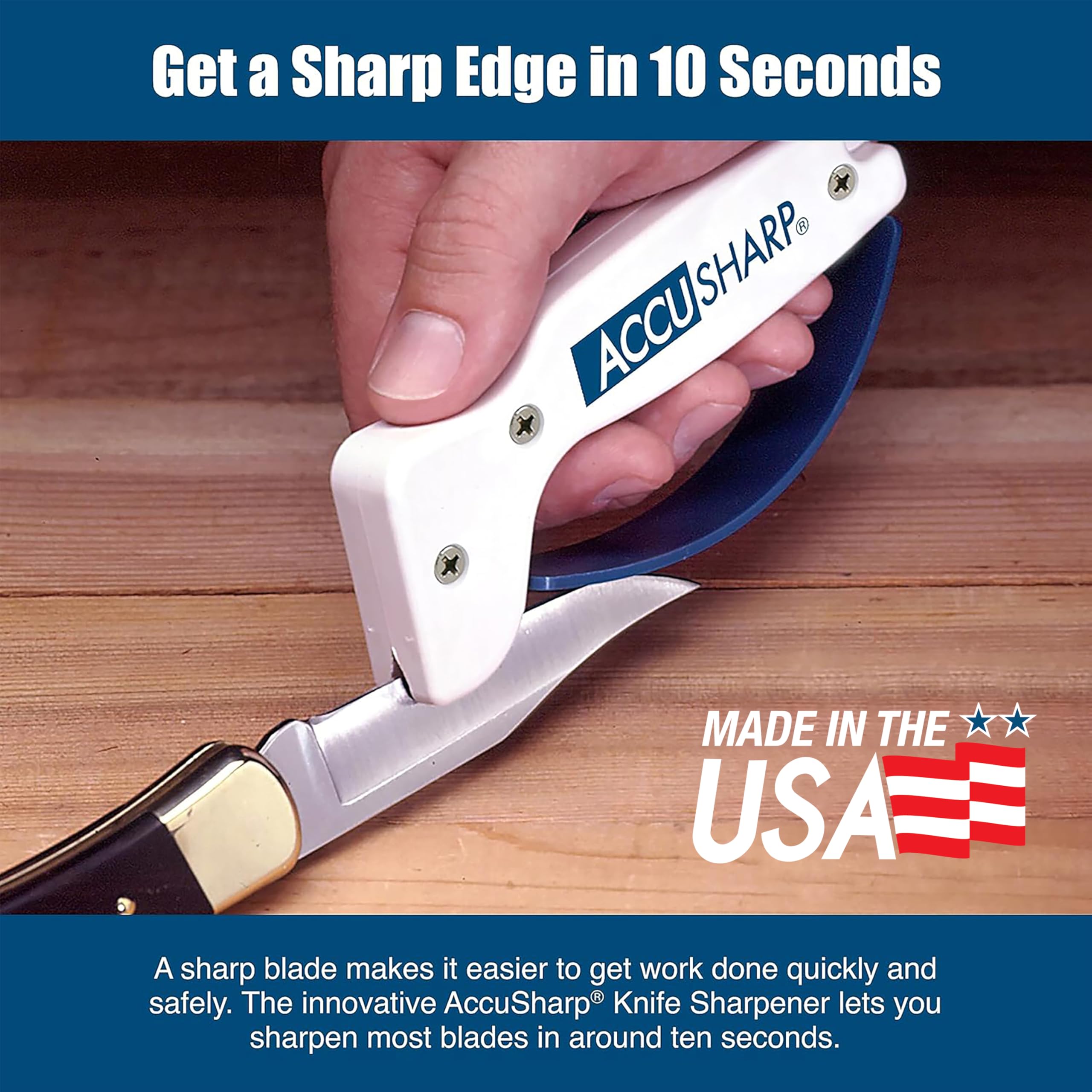 ACCUSHARP full-length guard protects fingers during sharpening.