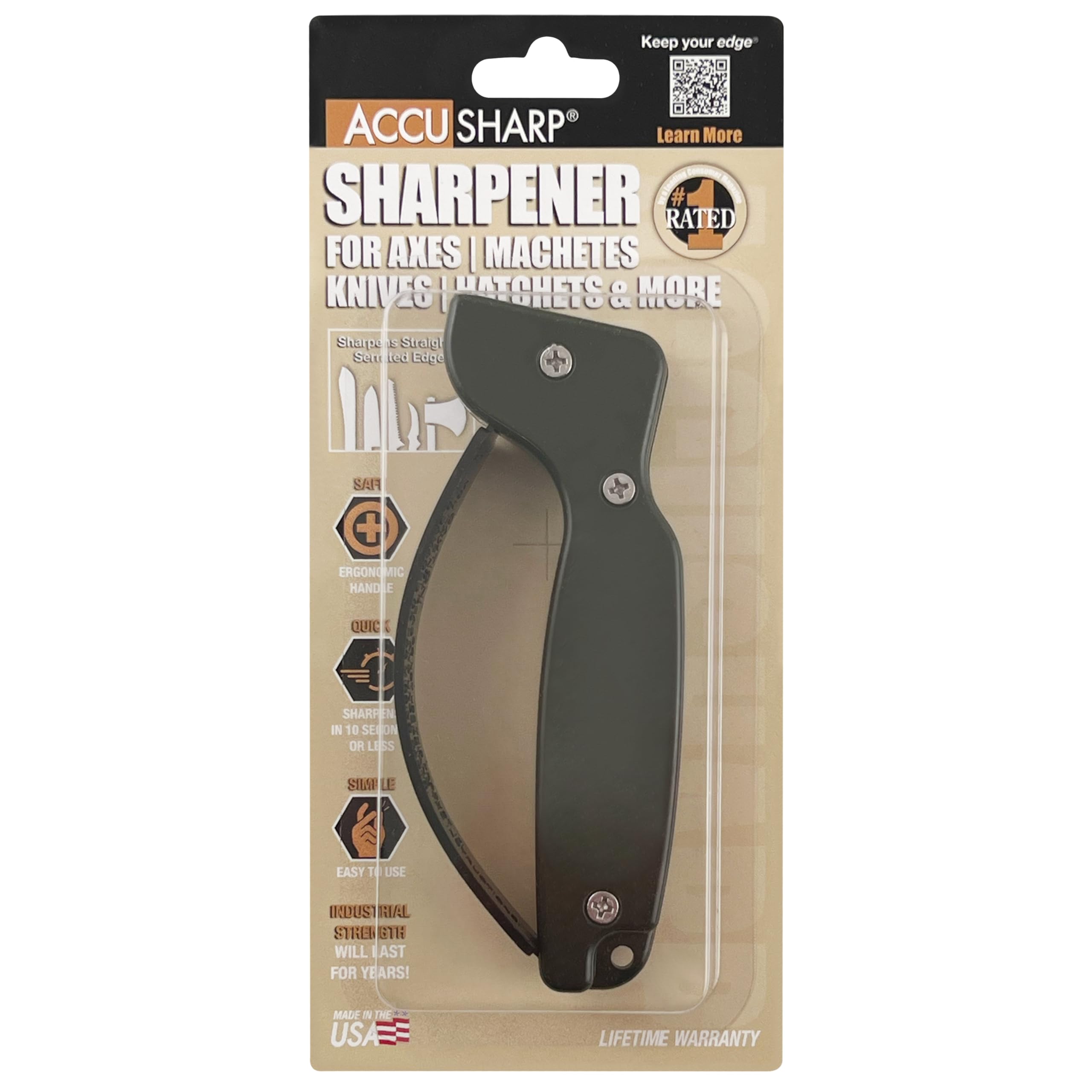 ACCUSHARP sharpens straight and serrated blades with fast, consistent results.
