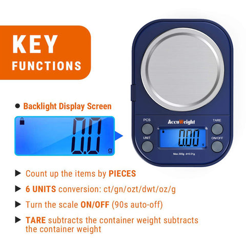 AccuWeight pocket scale demonstrating tare function for net weight accuracy