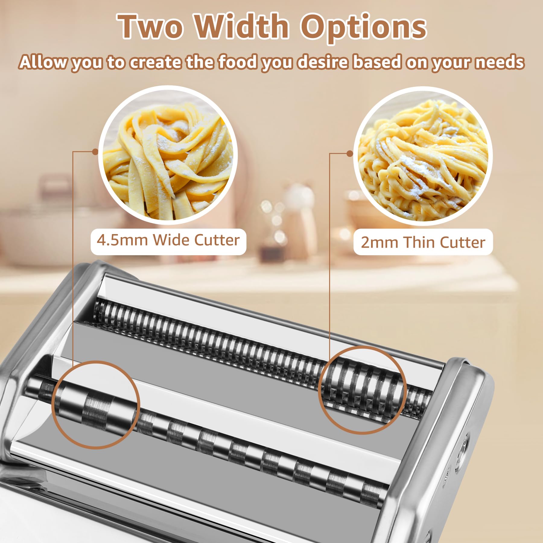 AceChef pasta maker features a double cutter head for spaghetti and fettuccine.