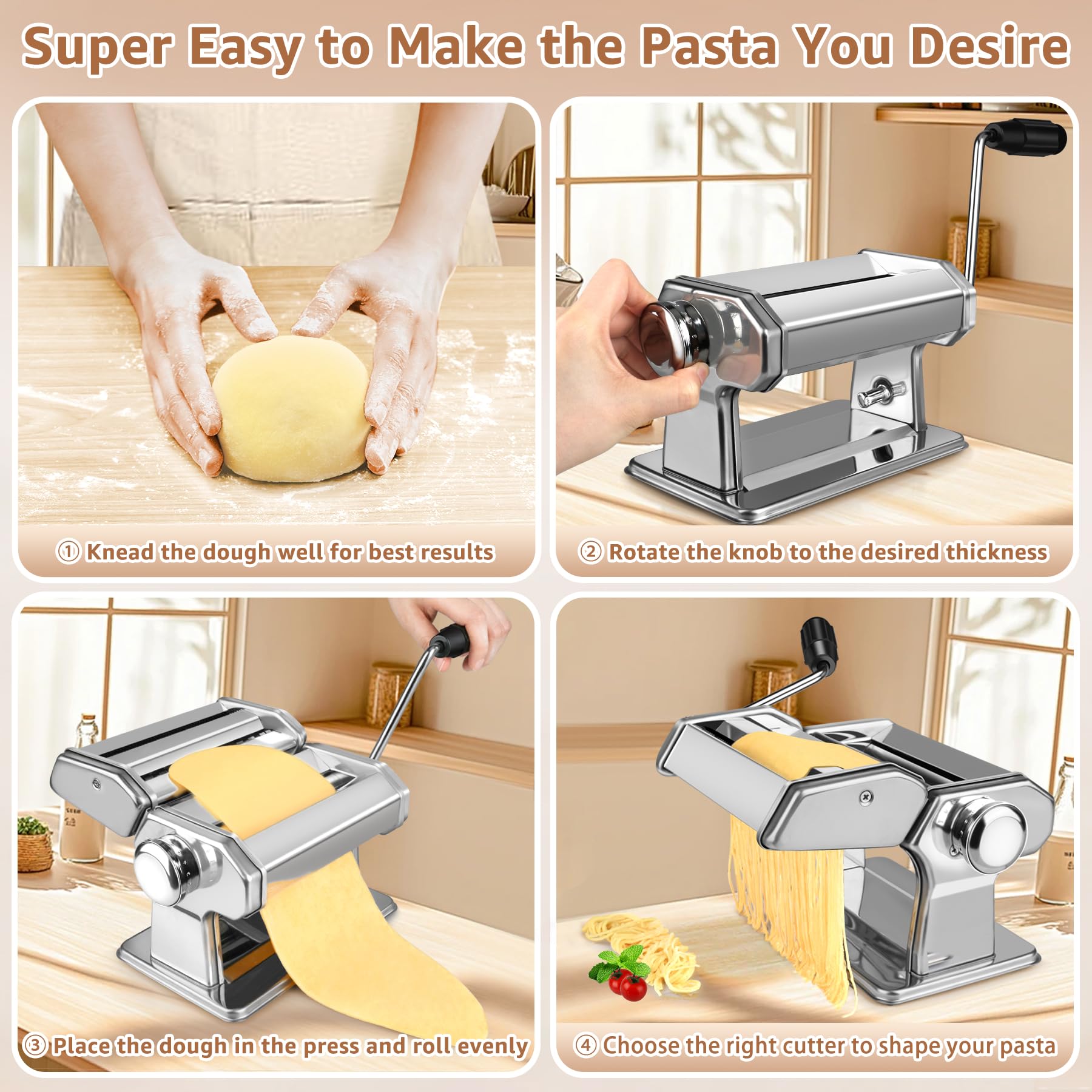AceChef pasta maker hand crank enables manual, quiet operation.