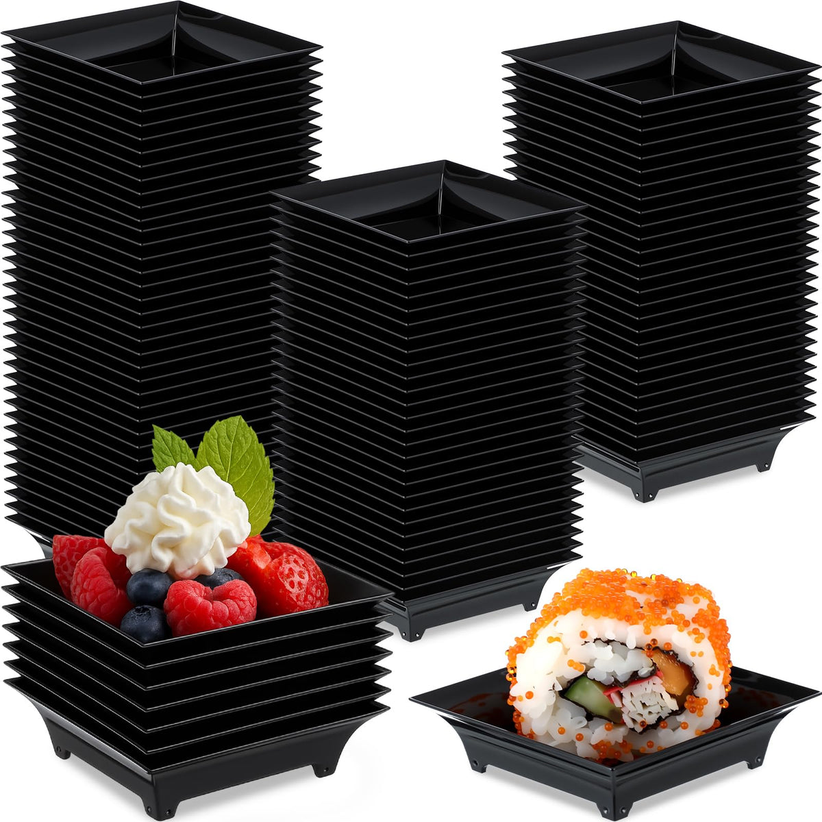 Acellegic bulk mini appetizer plates in black square, perfect for large events and easy cleanup.
