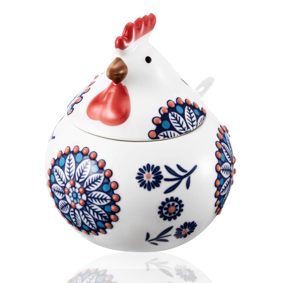 Acellegic hen-shaped ceramic salt cellar with lid and spoon, dust-proof on the counter.