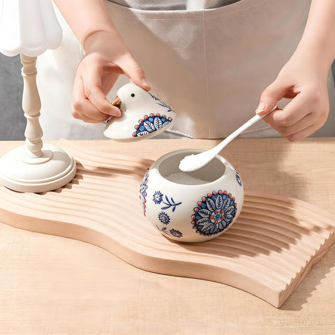 Acellegic kitchen decor blue adds festive flair and counter organization.