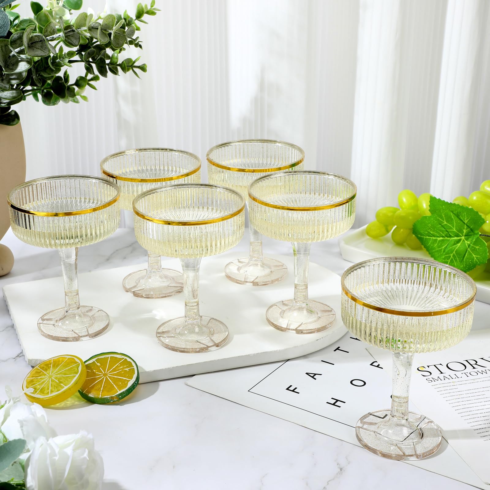 Acellegic ribbed stackable martini glasses save space and simplify serving.