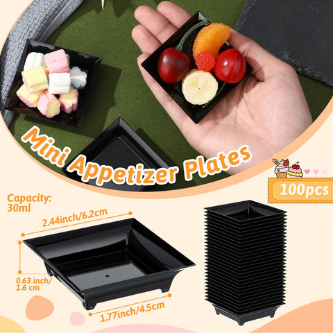 Acellegic 1oz capacity mini plate in black, ideal for bite-sized servings at weddings.