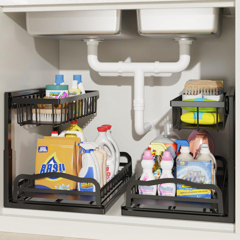 AceMining under-sink organizer with L-shaped design frees vertical space for tall bottles