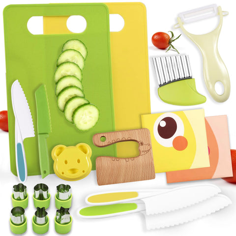 Acessorz toddler knife set with nylon blades for safe real-cooking practice.