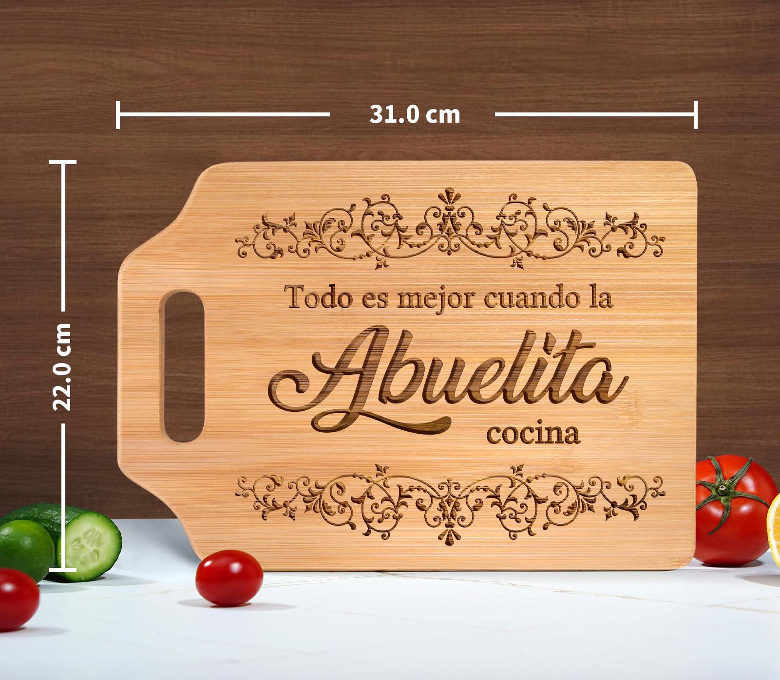 AceThrills Abuelita Gift Cutting Board in kitchen showcases durable bamboo for everyday prep.