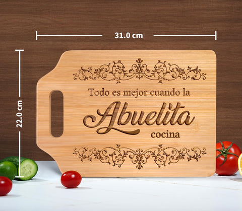 AceThrills Abuelita Gift Cutting Board in kitchen showcases durable bamboo for everyday prep.