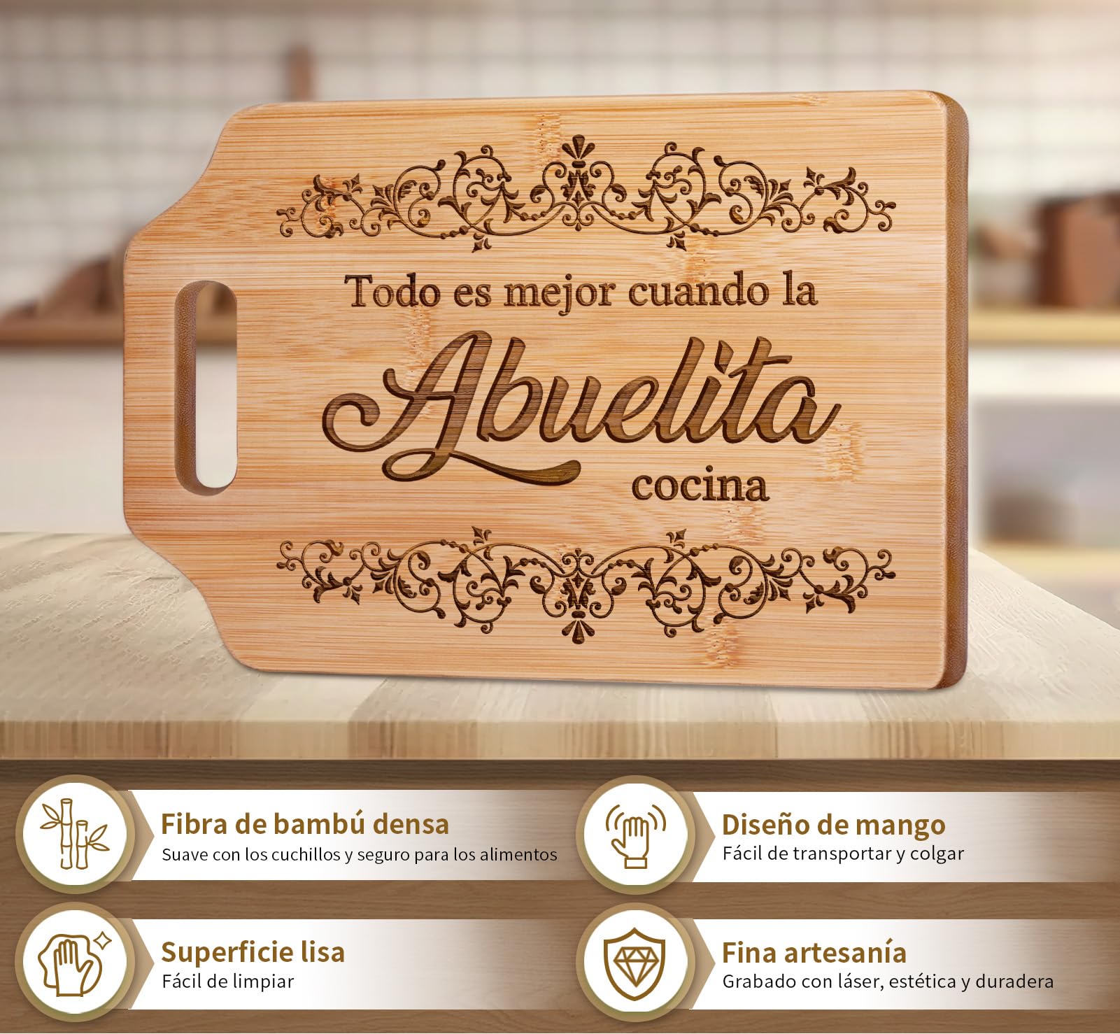 AceThrills Abuelita Gift Cutting Board serving cheese and fruit with elegant motif.
