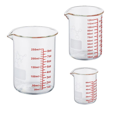 Ackers BORO3.3 mini 2oz glass measuring cup with clear marks for precise pouring.