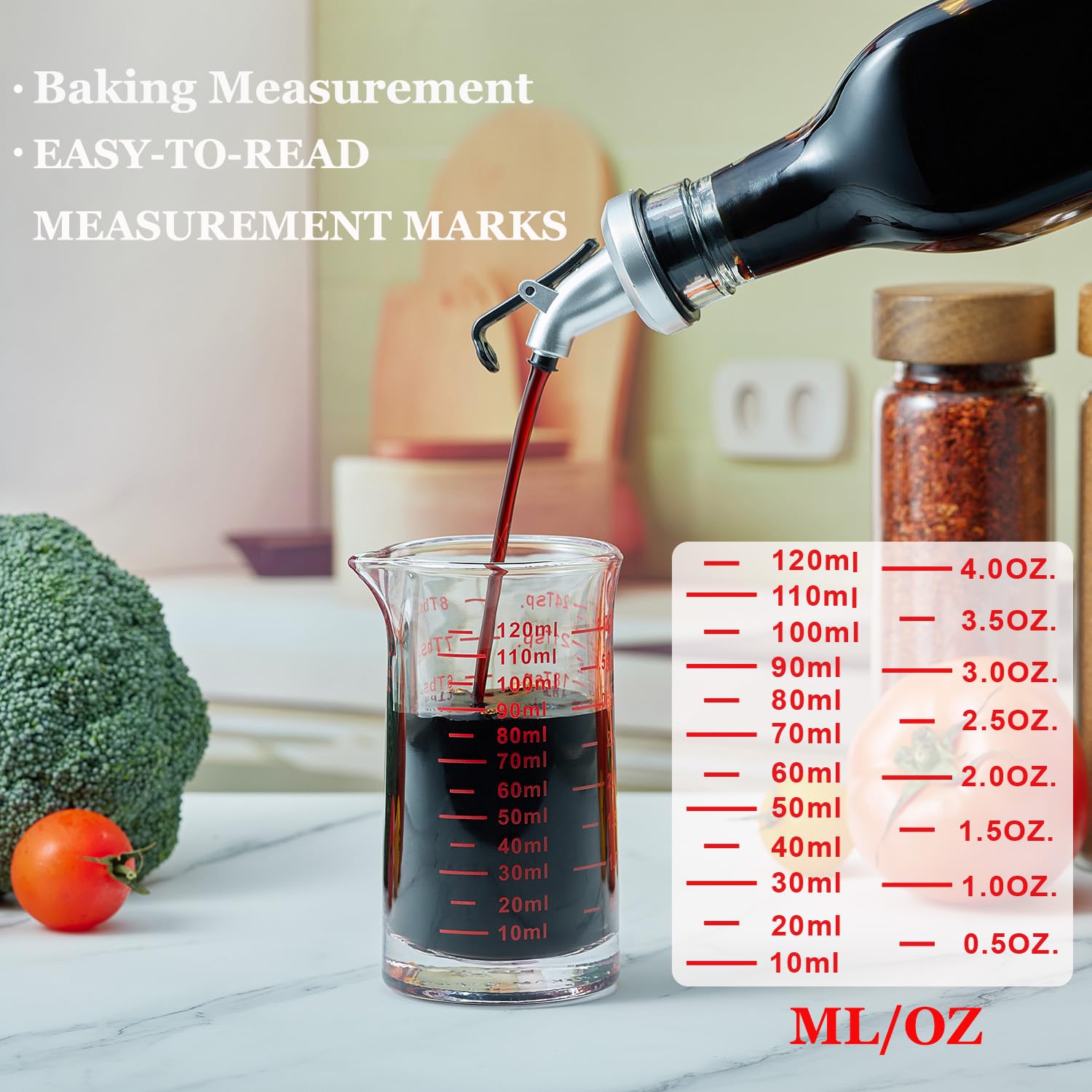 Ackers BORO3.3 4 oz measuring cup spout close-up for smooth pouring