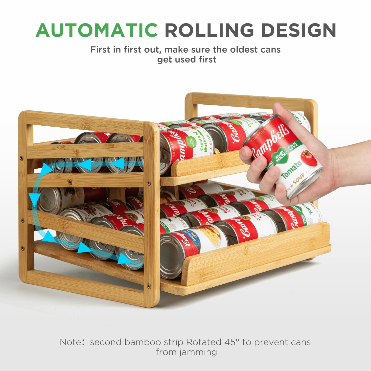 Aclema Bamboo Rolling Can Organizer capacity 27 cans for versatile pantry storage.