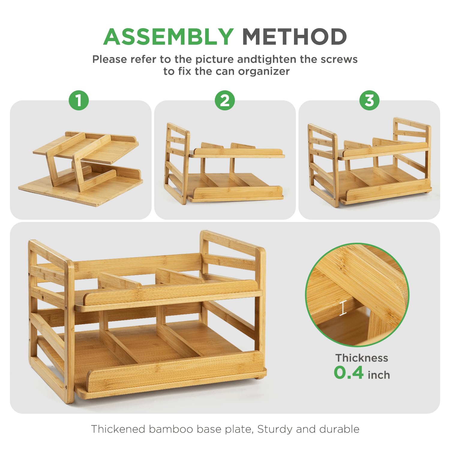 Aclema Bamboo Rolling Can Organizer compact dimensions fit tight shelves.