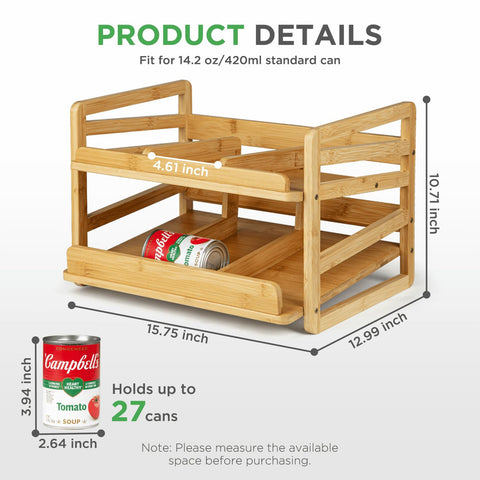 Aclema Bamboo Rolling Can Organizer dispensing action shows front roll for easy grabbing.