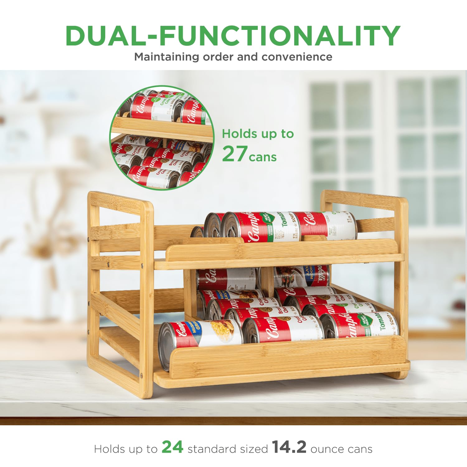 Aclema Bamboo Rolling Can Organizer durable bamboo finish resists sagging.