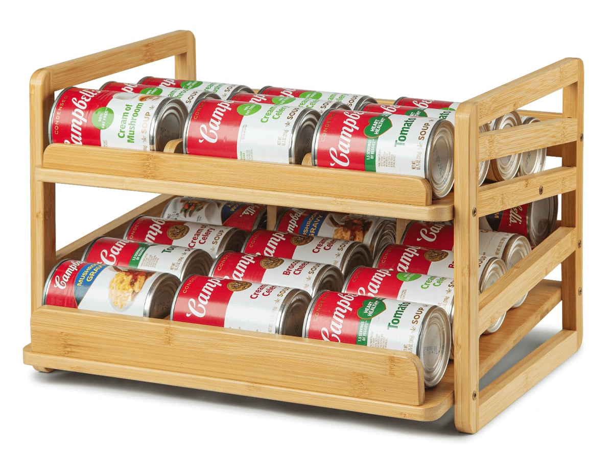 Aclema Bamboo Rolling Can Organizer front view for quick pantry access.