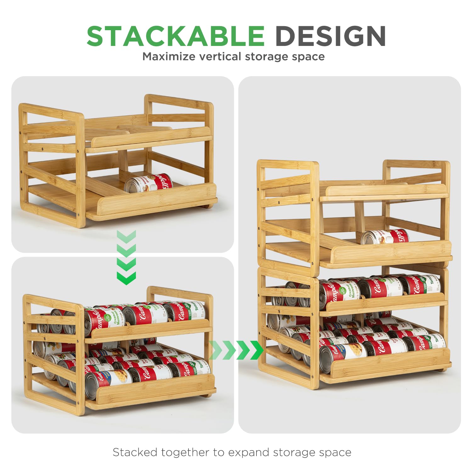 Aclema Bamboo Rolling Can Organizer organized pantry shelf for easy access.