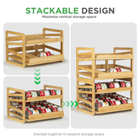 Aclema Bamboo Rolling Can Organizer organized pantry shelf for easy access.