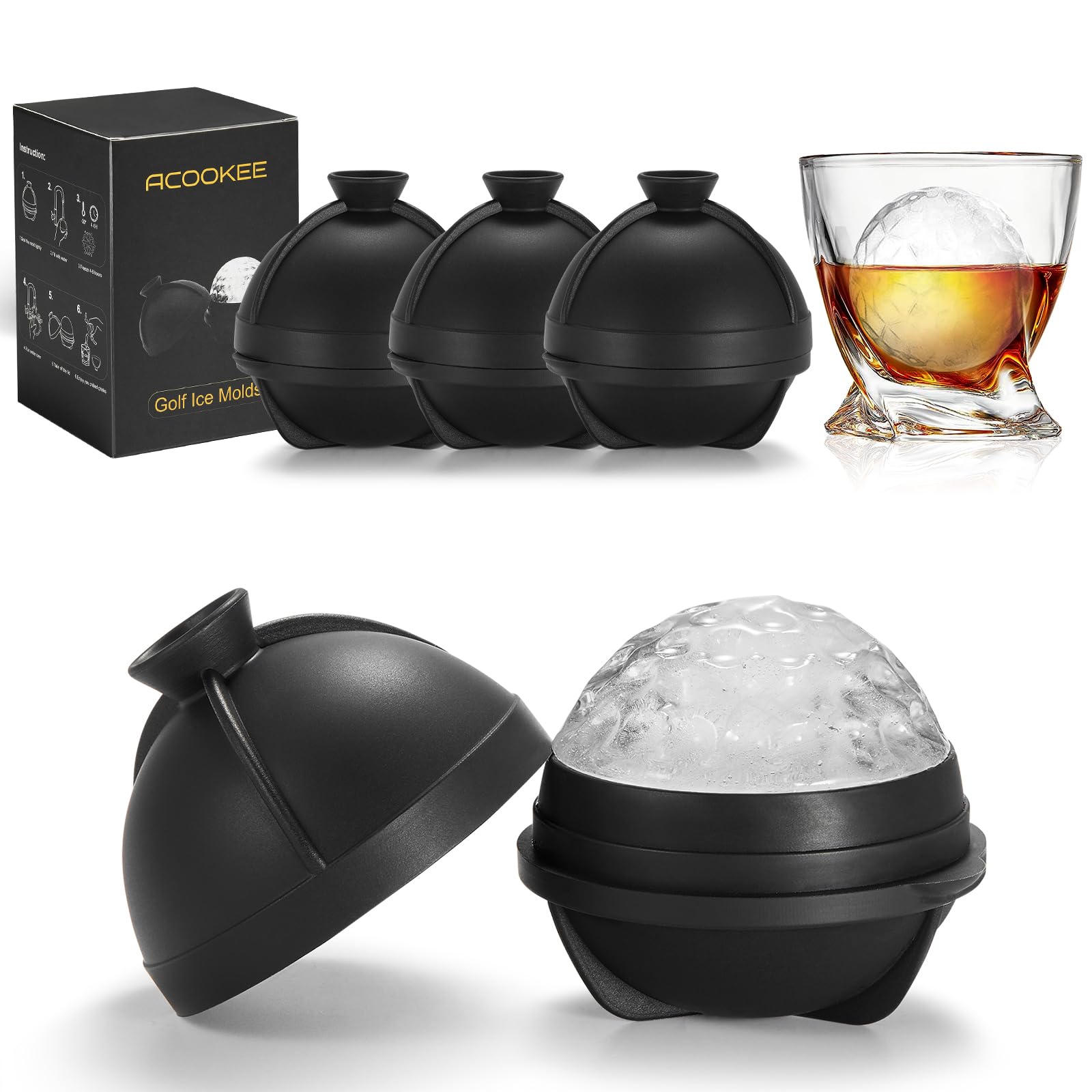 ACOOKEE golf ice ball mold creates four 2.5-inch spheres to chill cocktails without quick dilution.