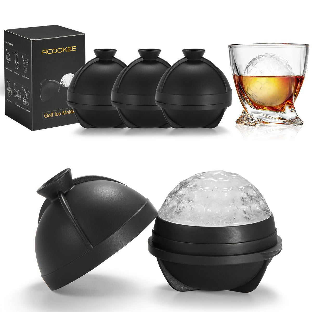 ACOOKEE golf ice ball mold creates four 2.5-inch spheres to chill cocktails without quick dilution.