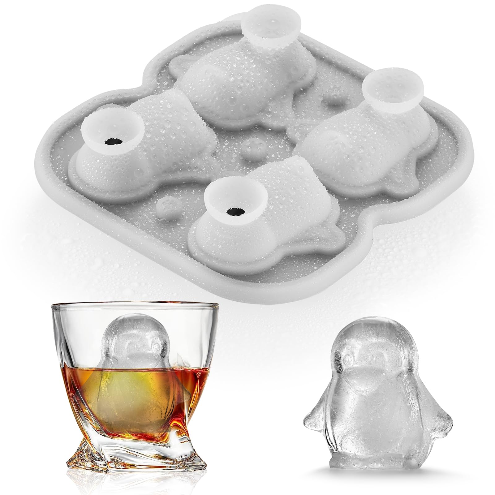ACOOKEE penguin ice cube tray yields large penguin shapes for slow-melting cocktails.