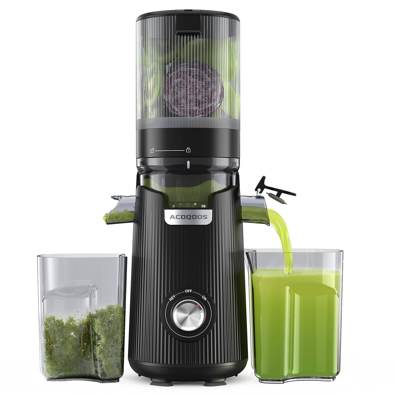 ACoqOOS juicer shows 53-inch feeding chute for easy whole-fruit loading and juicing.