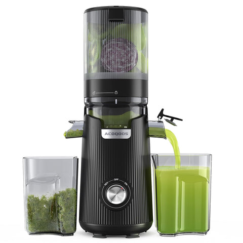 ACoqOOS juicer shows 53-inch feeding chute for easy whole-fruit loading and juicing.
