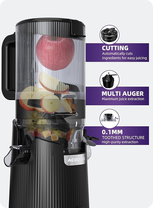 ACoqOOS juicer demonstrates high juice yield with smooth pulp.