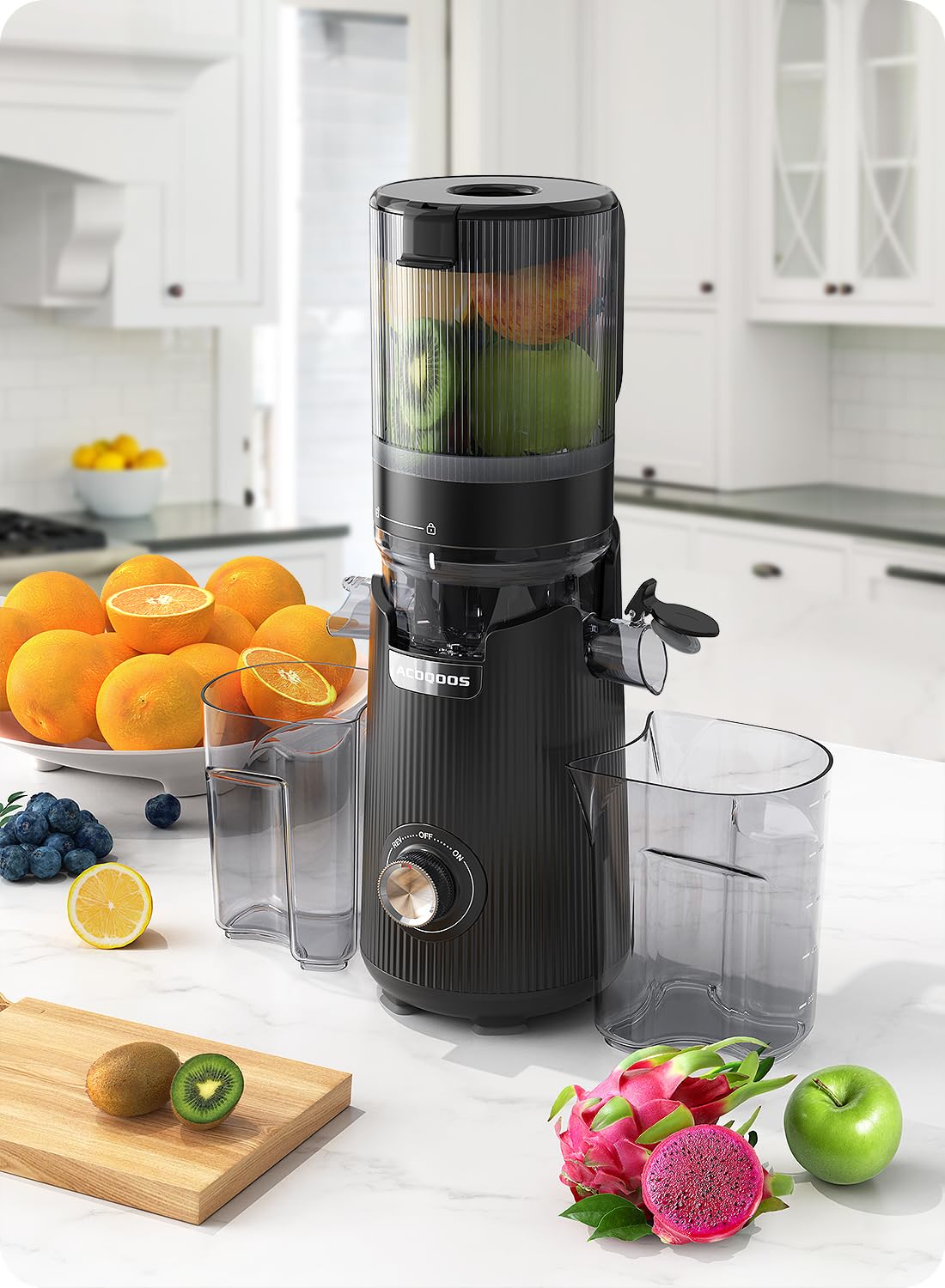 ACoqOOS juicer safety features include overheat protection and lid-open stop.