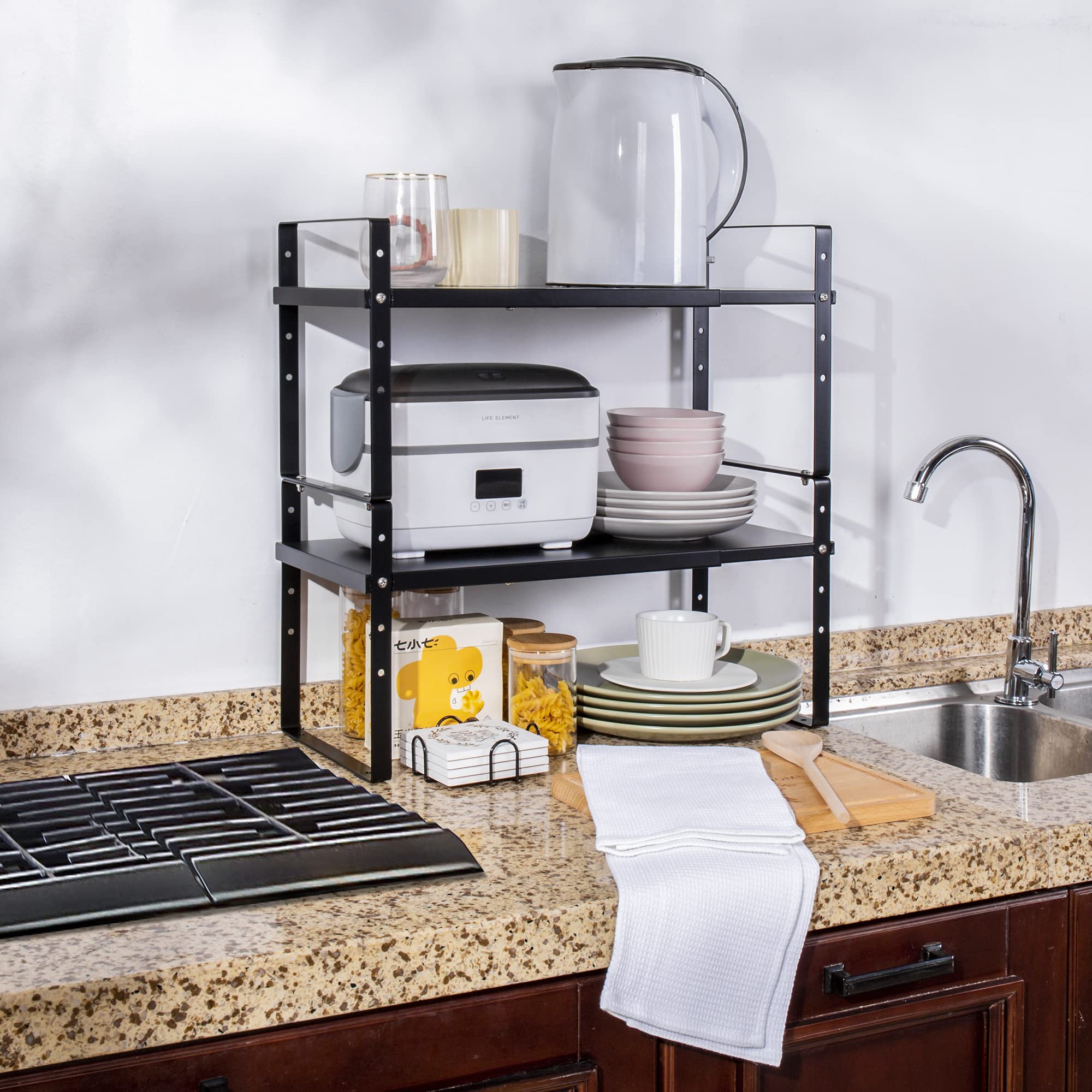 Across-Star adjustable shelf riser creates extra pantry space without tools.
