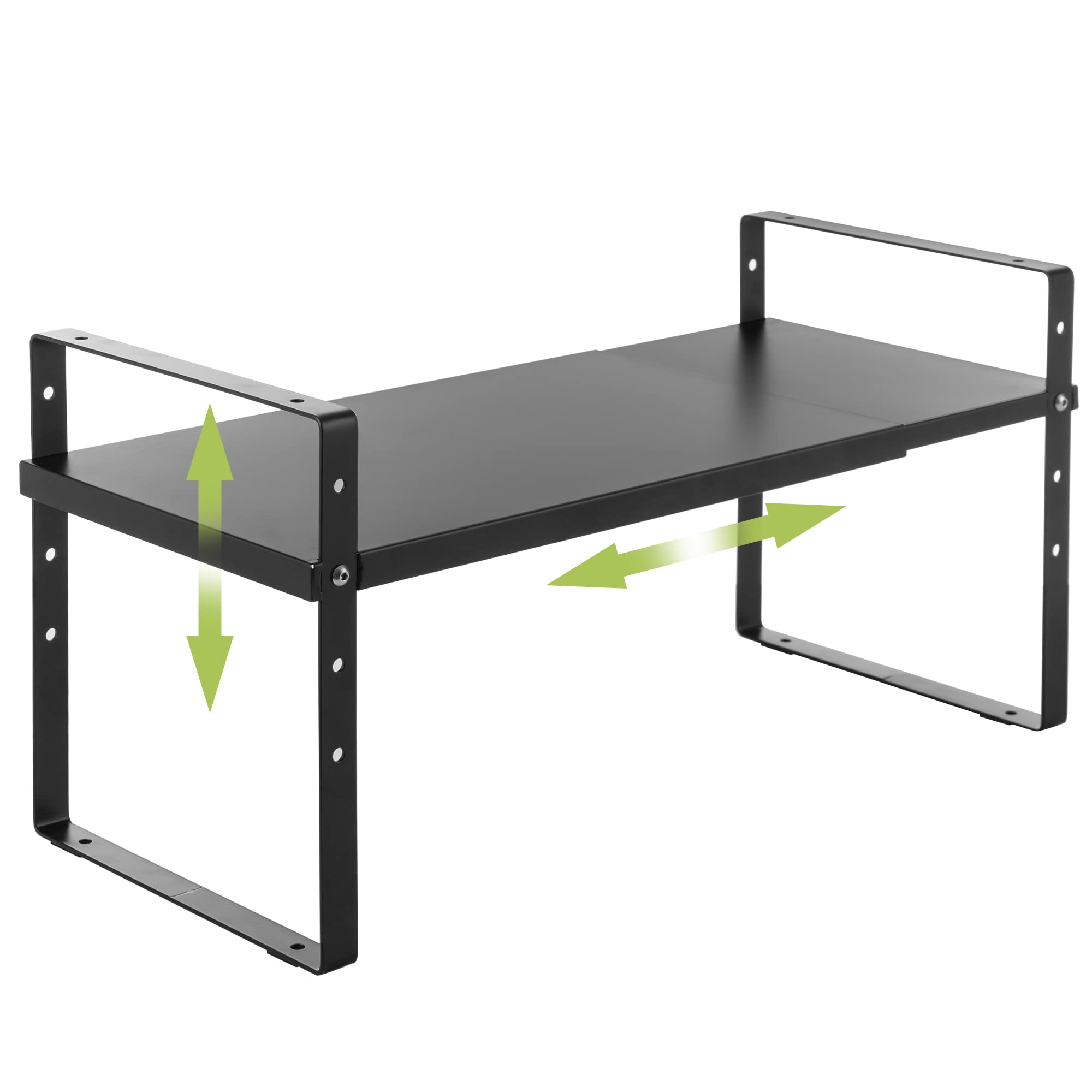 Across-Star expandable cabinet shelf in black showing adjustable length for versatile kitchen organization.
