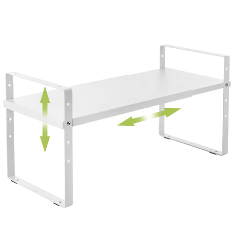 Across-Star expandable cabinet shelf organizer rack front view showing clean white metal design