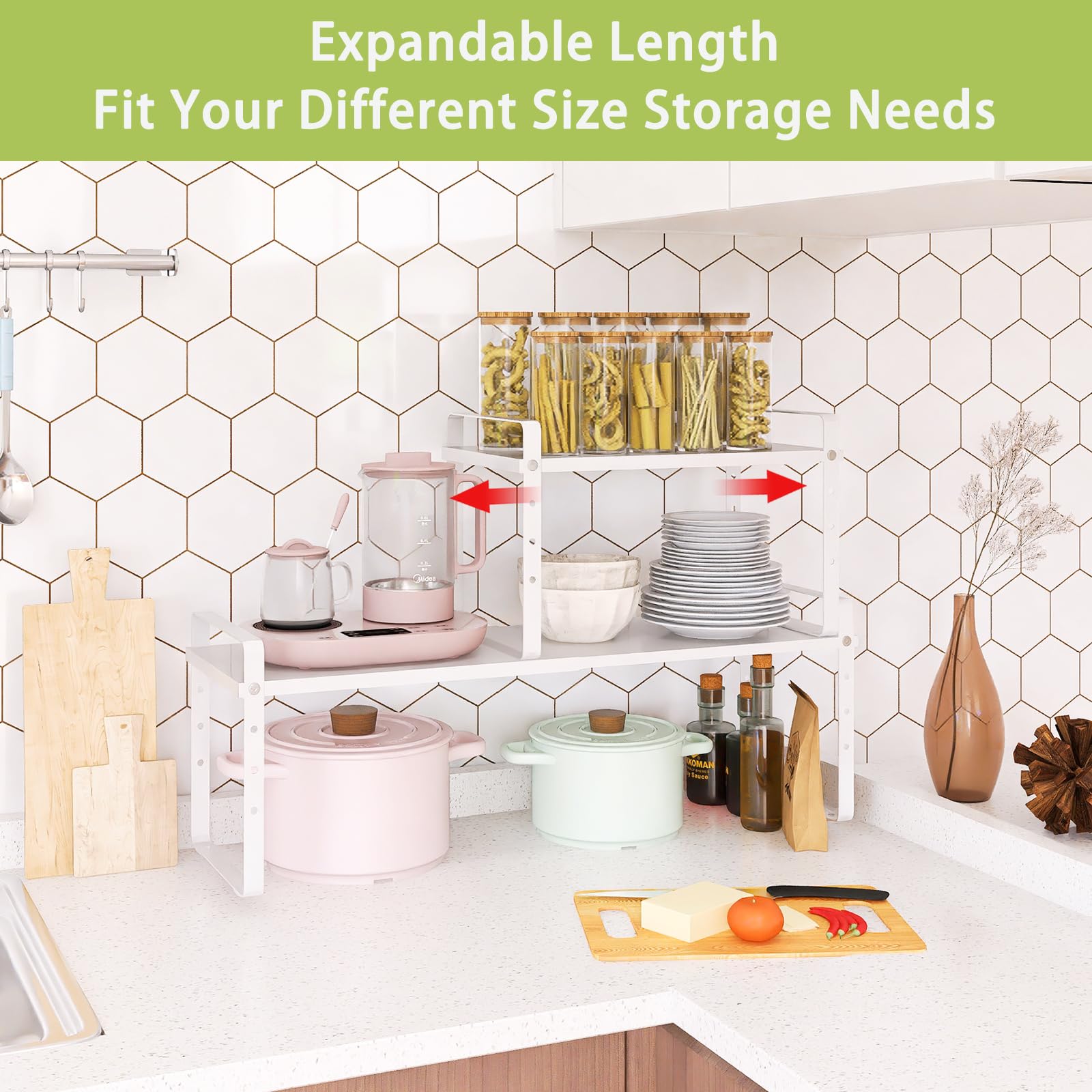 Across-Star expandable cabinet shelf organizer rack stacked two-tier setup in a pantry