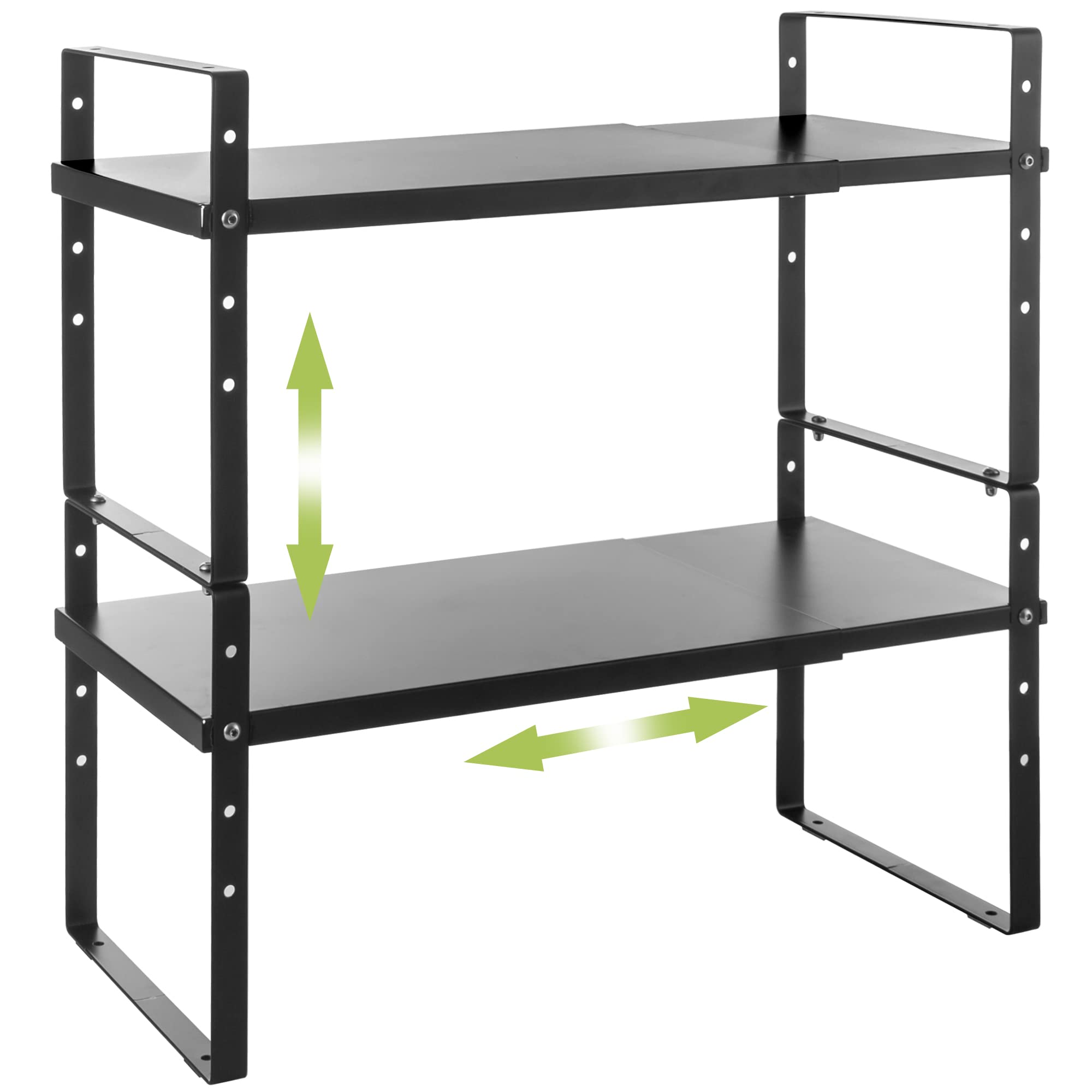Across-Star expandable cabinet shelf rack, side view, demonstrates adjustable length for tight countertops.
