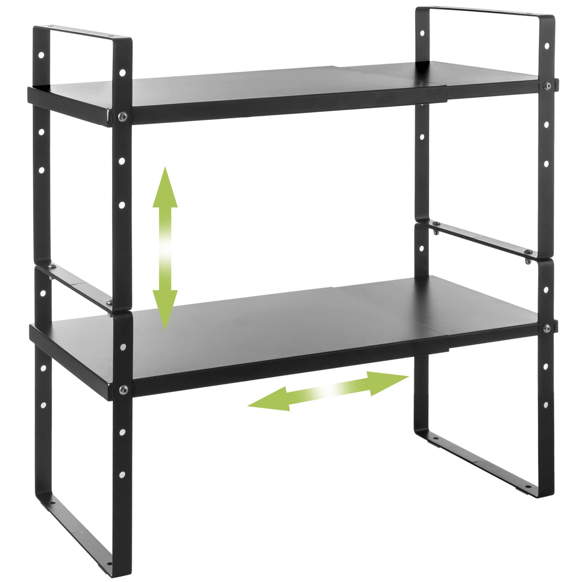 Across-Star expandable cabinet shelf rack, side view, demonstrates adjustable length for tight countertops.