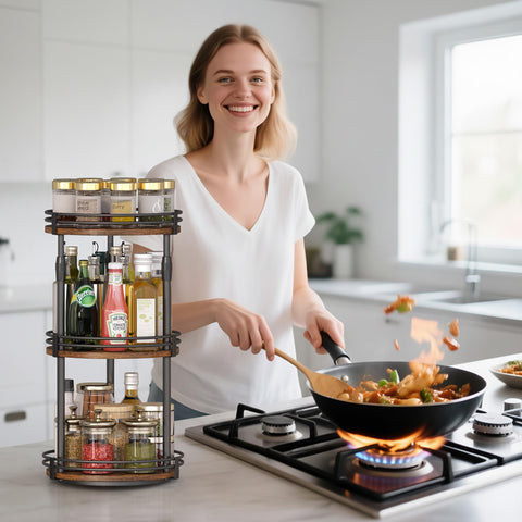 Height adjustable feature fits tall bottles like olive oil and soy sauce.