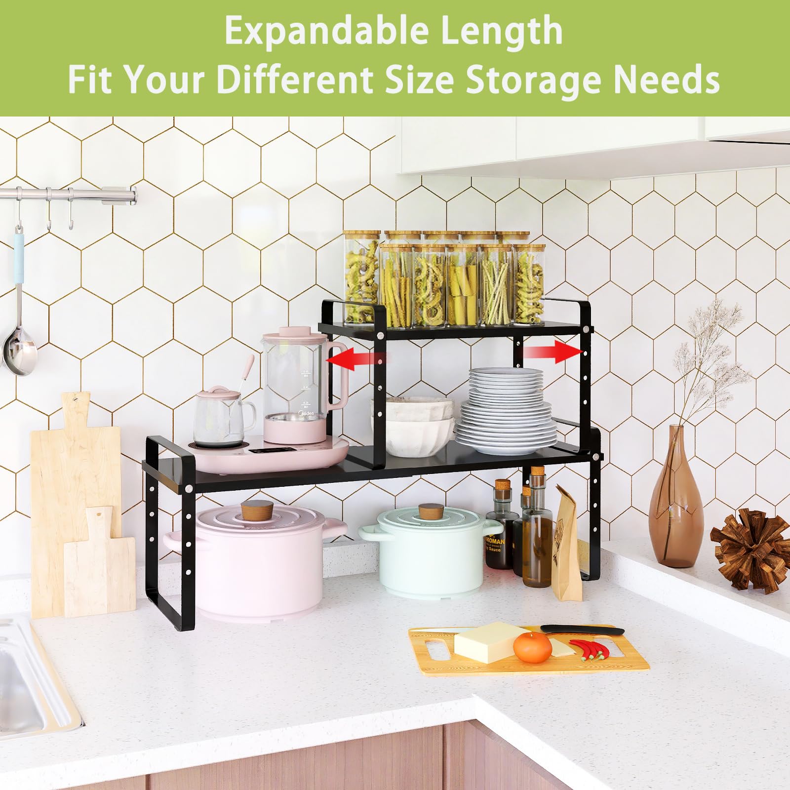 Across-Star pantry counter shelf shows adjustable height for versatile placement.