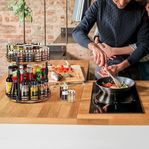 Across-Star rotating spice organizer in cabinet improves reach and organization