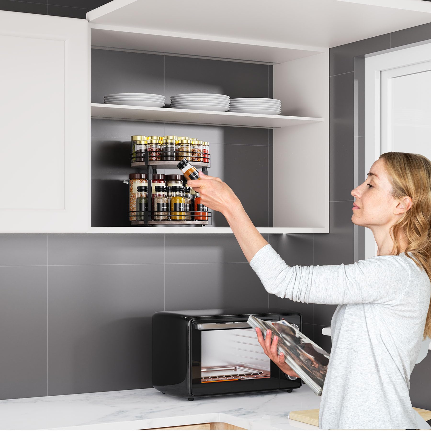 Across-Star rotating spice organizer saves counter space and reduces clutter.