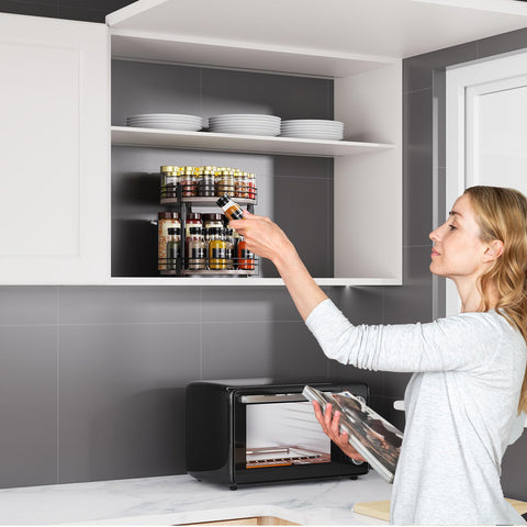 Across-Star rotating spice organizer saves counter space and reduces clutter.