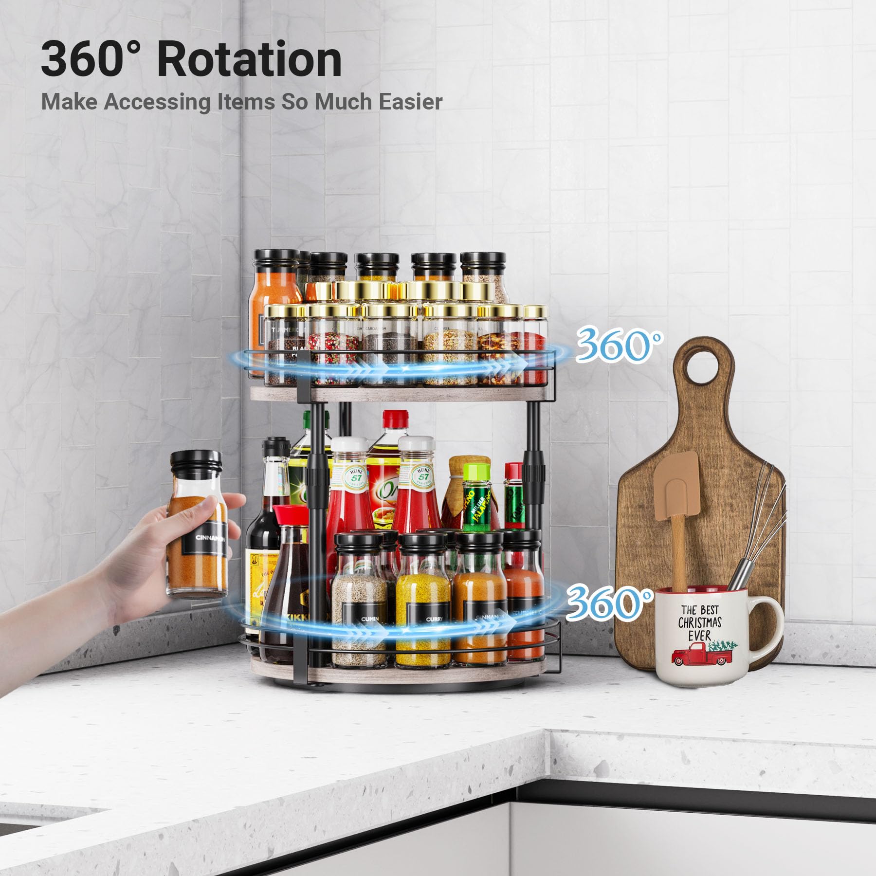 Across-Star spice rack raised wire fence prevents spills during rotation.