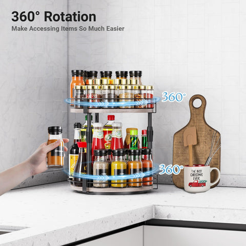 Across-Star spice rack raised wire fence prevents spills during rotation.