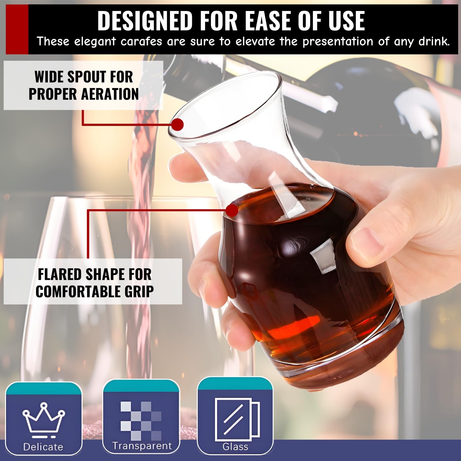 Acshio 6oz wine carafe pour action enables precise pouring during tastings