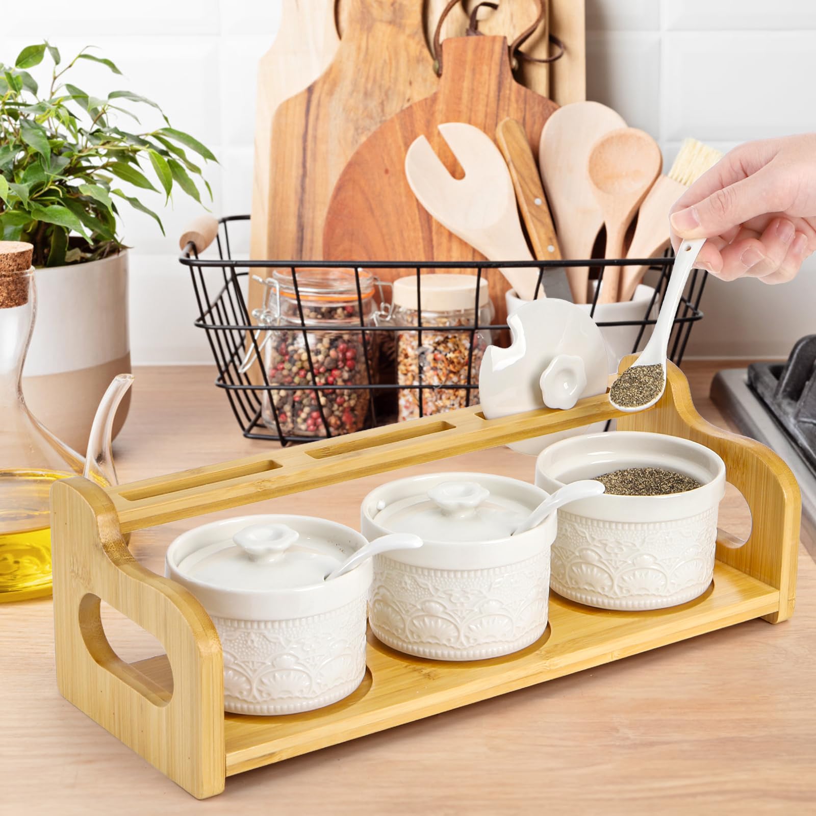 Acshio bamboo raised tray with cutout handles organizes jars neatly