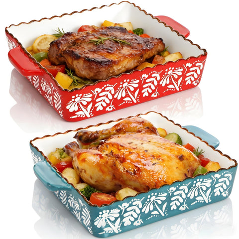Acshio ceramic baking dish blue 9x9 with double handles for easy oven-to-table serving.