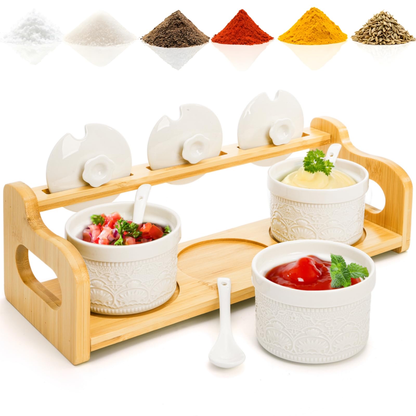 Acshio ceramic dipping bowls trio for sauces and dips on display